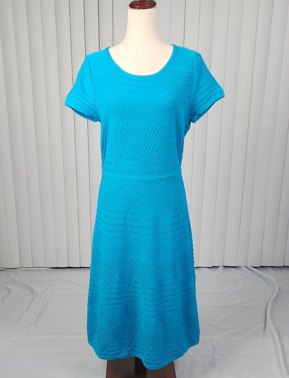 Talbots Fit & Flair Midi Knit Dress Round Neck Short Sleeve Blue Size Large
